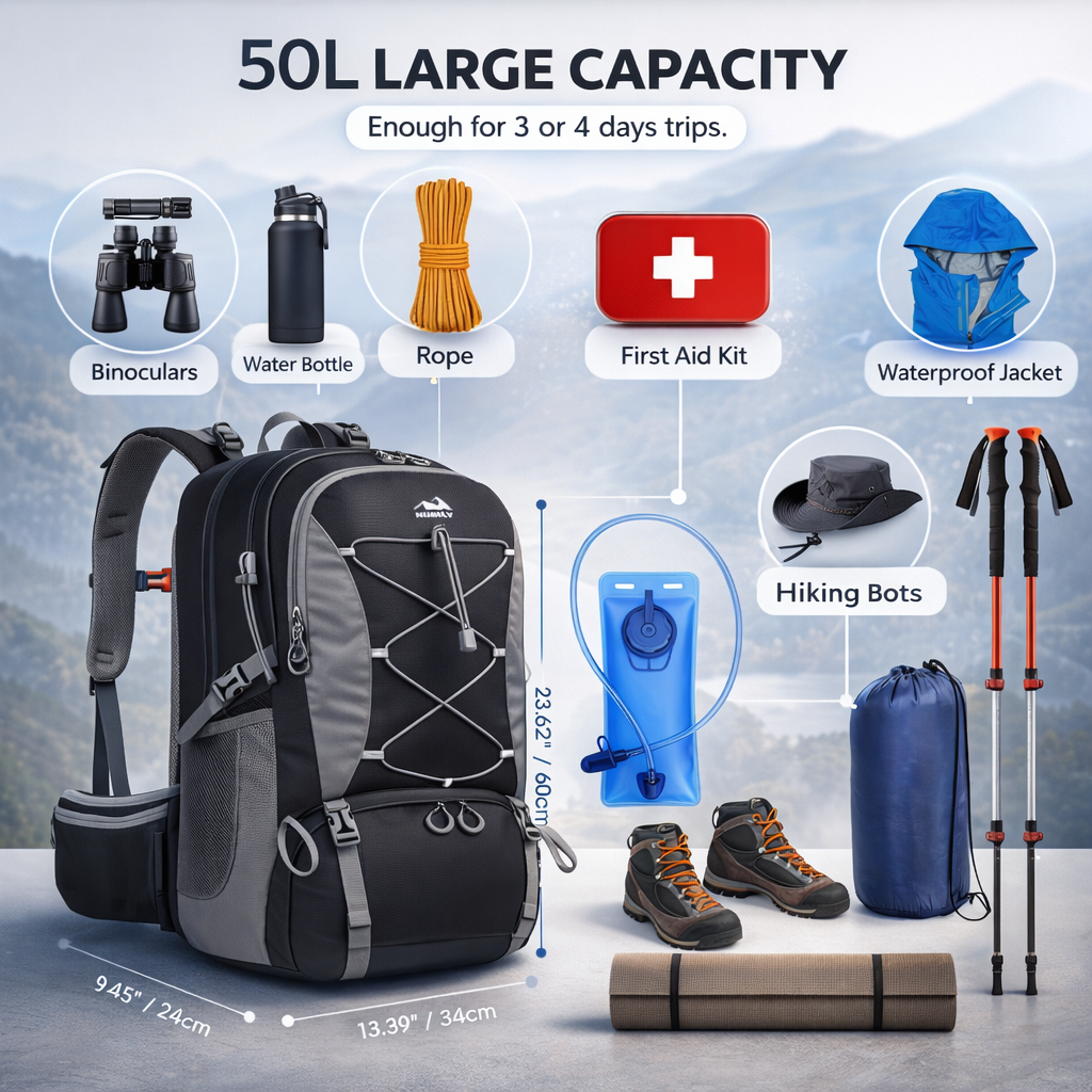 NUBILY 50L Lightweight Backpack | Men Women Travel Daypack | Black Hiking Gear | Outdoor Camping