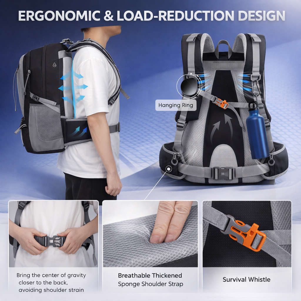 NUBILY 50L Lightweight Backpack | Men Women Travel Daypack | Black Hiking Gear | Outdoor Camping