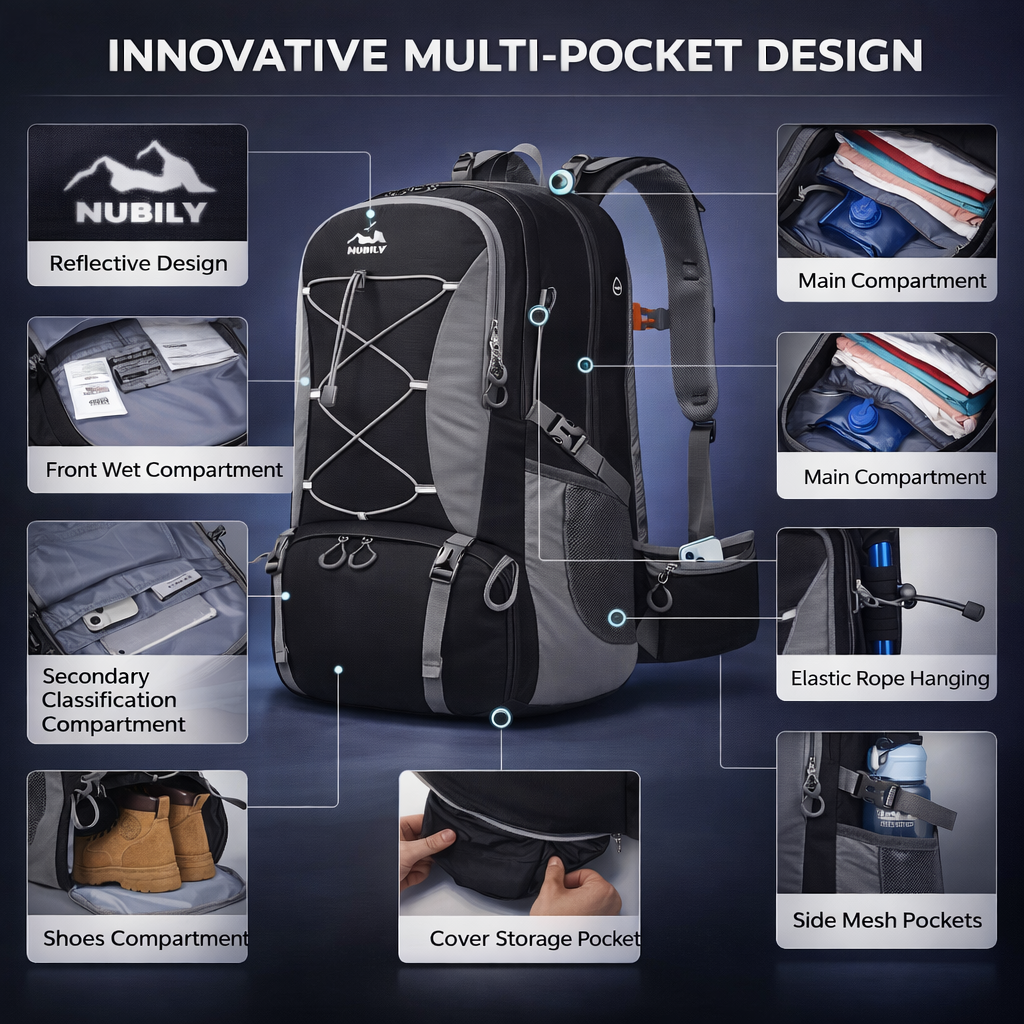 NUBILY 50L Lightweight Backpack | Men Women Travel Daypack | Black Hiking Gear | Outdoor Camping