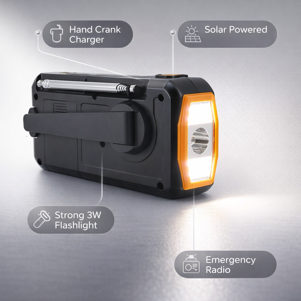 Portable Solar Emergency Radio | 4000mAh Power Bank | AM/FM/SW | LED Reading Lamp | Hand Crank Charging | Phone Charger