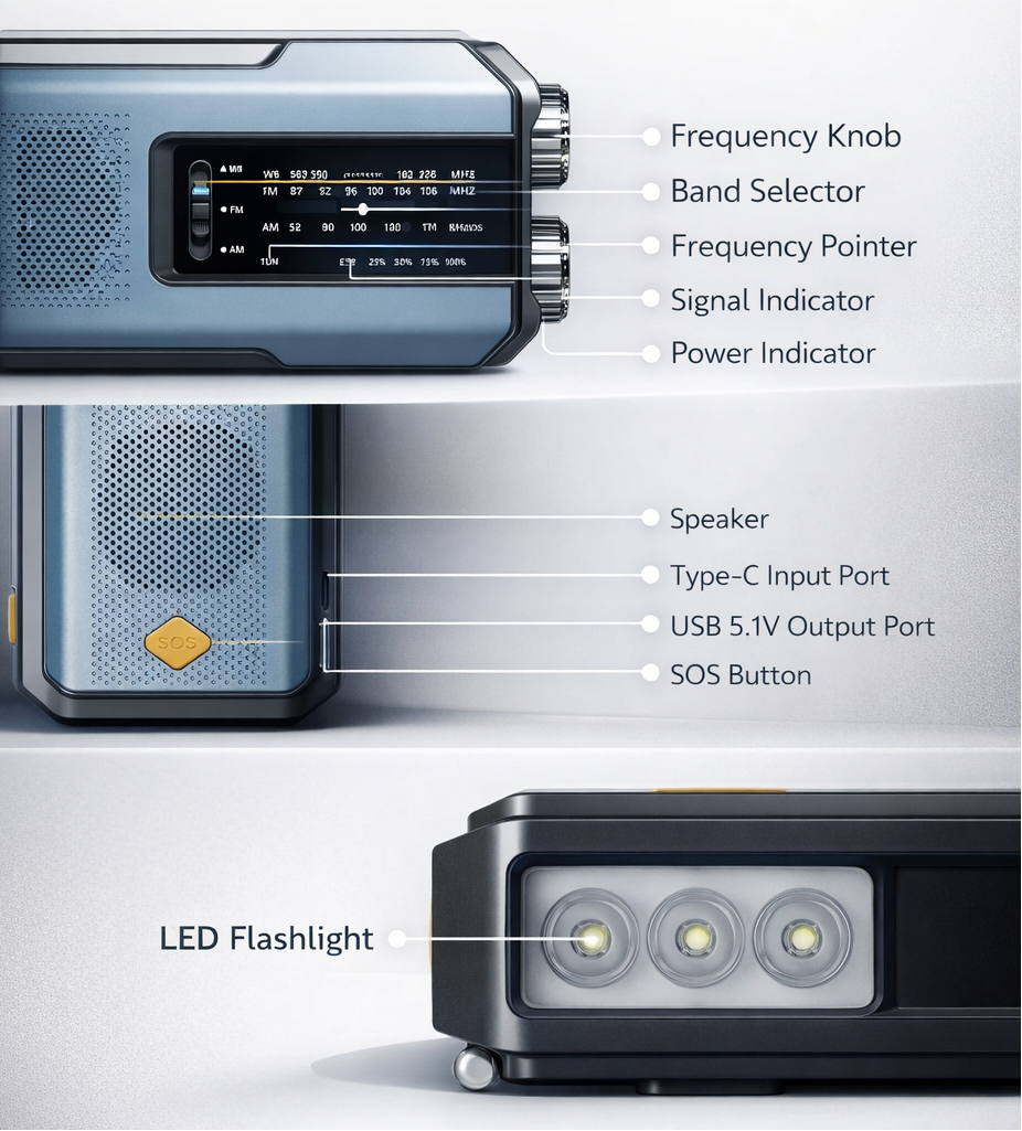 Emergency Radio | Solar Hand Crank | FM AM WB | USB Charger | 2000mAh Power Bank | LED Flashlight | Portable
