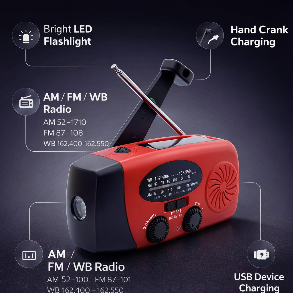 Portable Hand-Crank Generator | Emergency Weather Radio | Solar LED Flashlight | FM NOAA Power Bank | ABS-Plastic