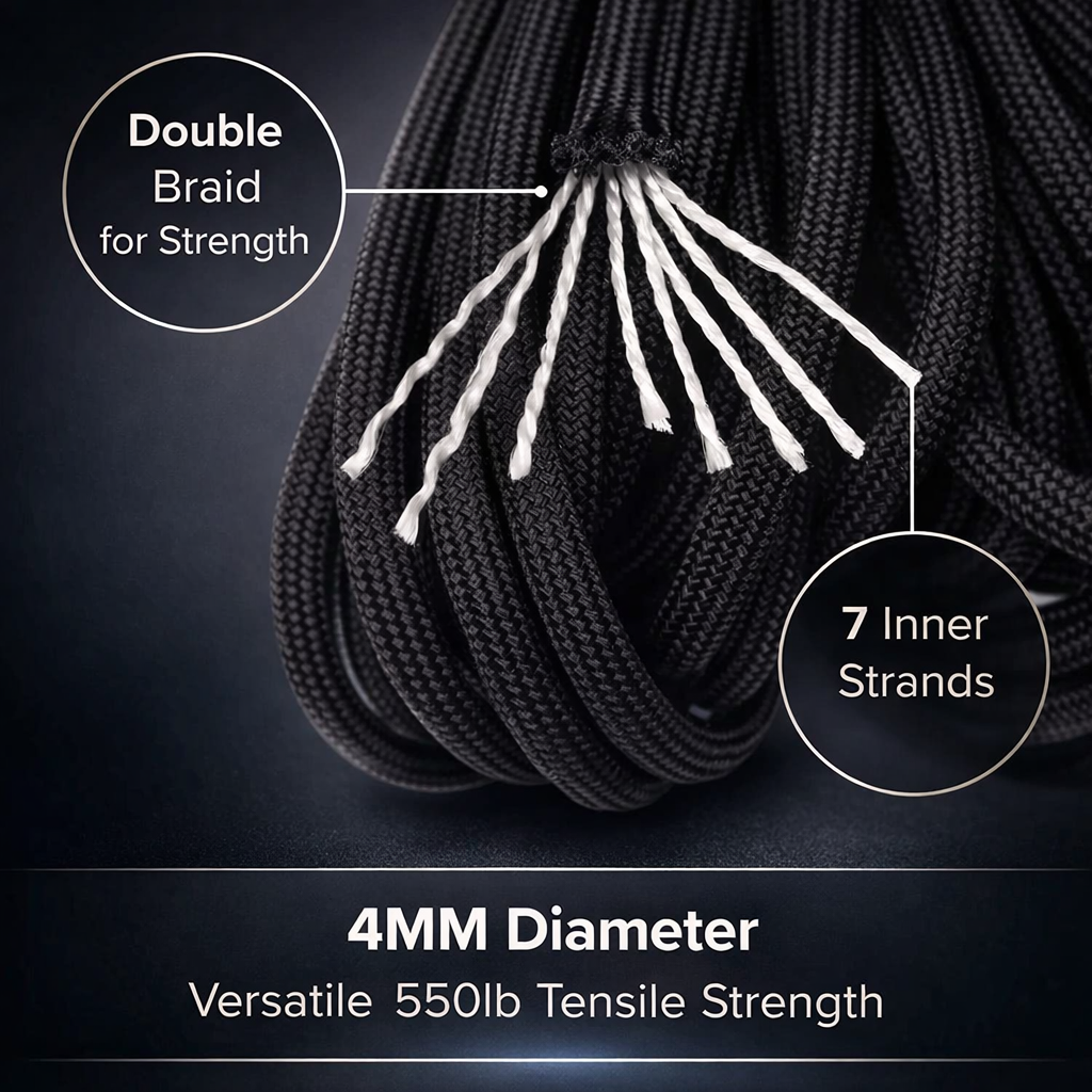 Military Grade 7-Strand Paracord | 4mm 550 Tactical Utility Rope | Outdoor Survival Camping Cord | Weaving & Multi-Purpose Use