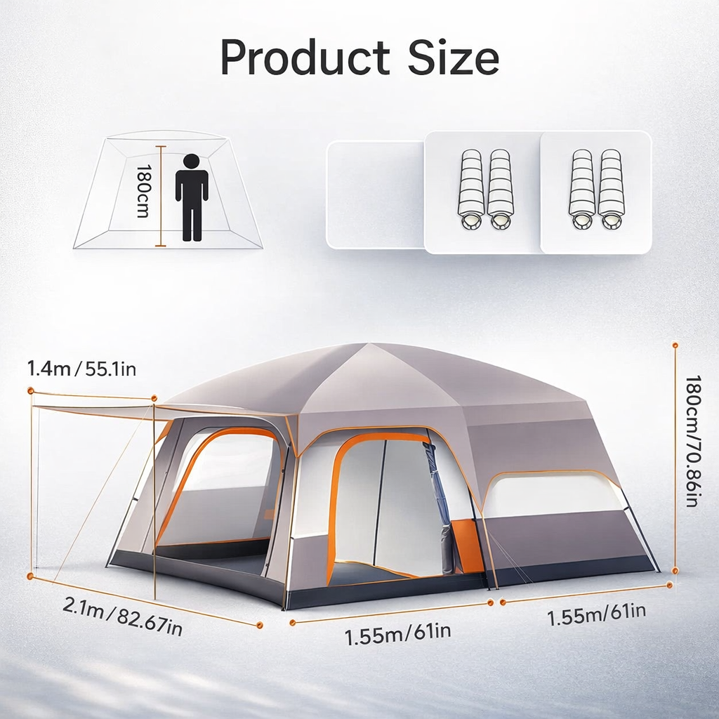 Family Camping Tent | 2-4 People | Sunshade | Waterproof PU Coating | Vestibule | Mosquito Net | Ventilated | 3 Doors | Portable