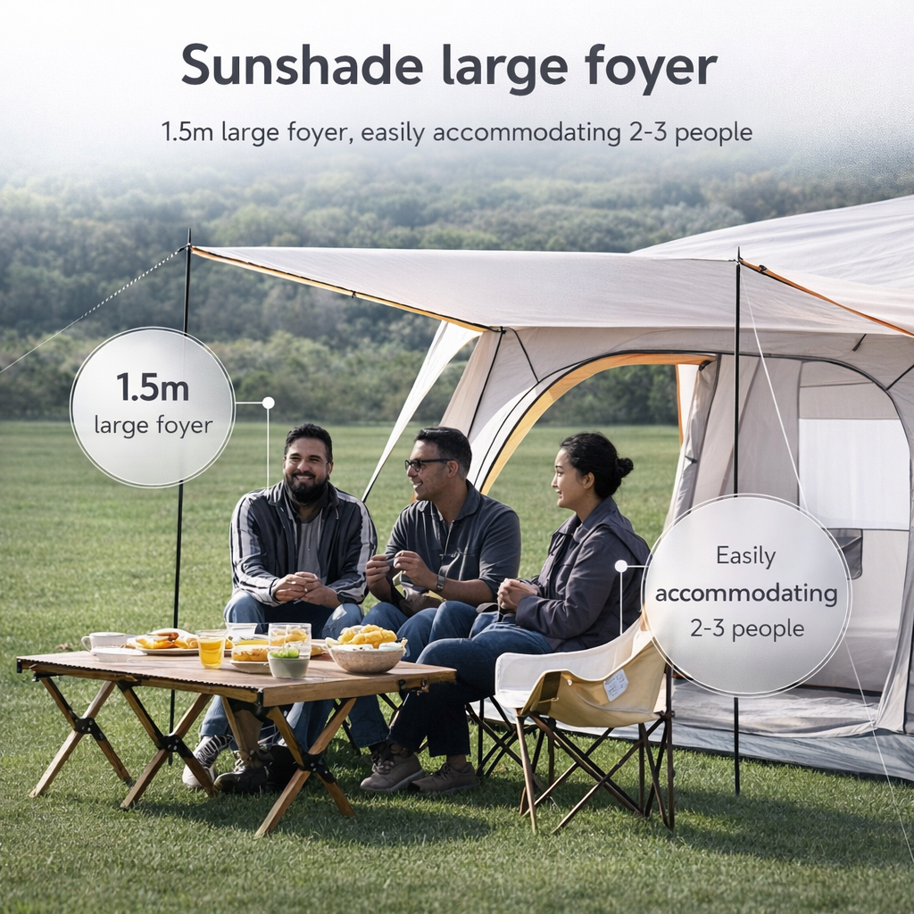 Family Camping Tent | 2-4 People | Sunshade | Waterproof PU Coating | Vestibule | Mosquito Net | Ventilated | 3 Doors | Portable