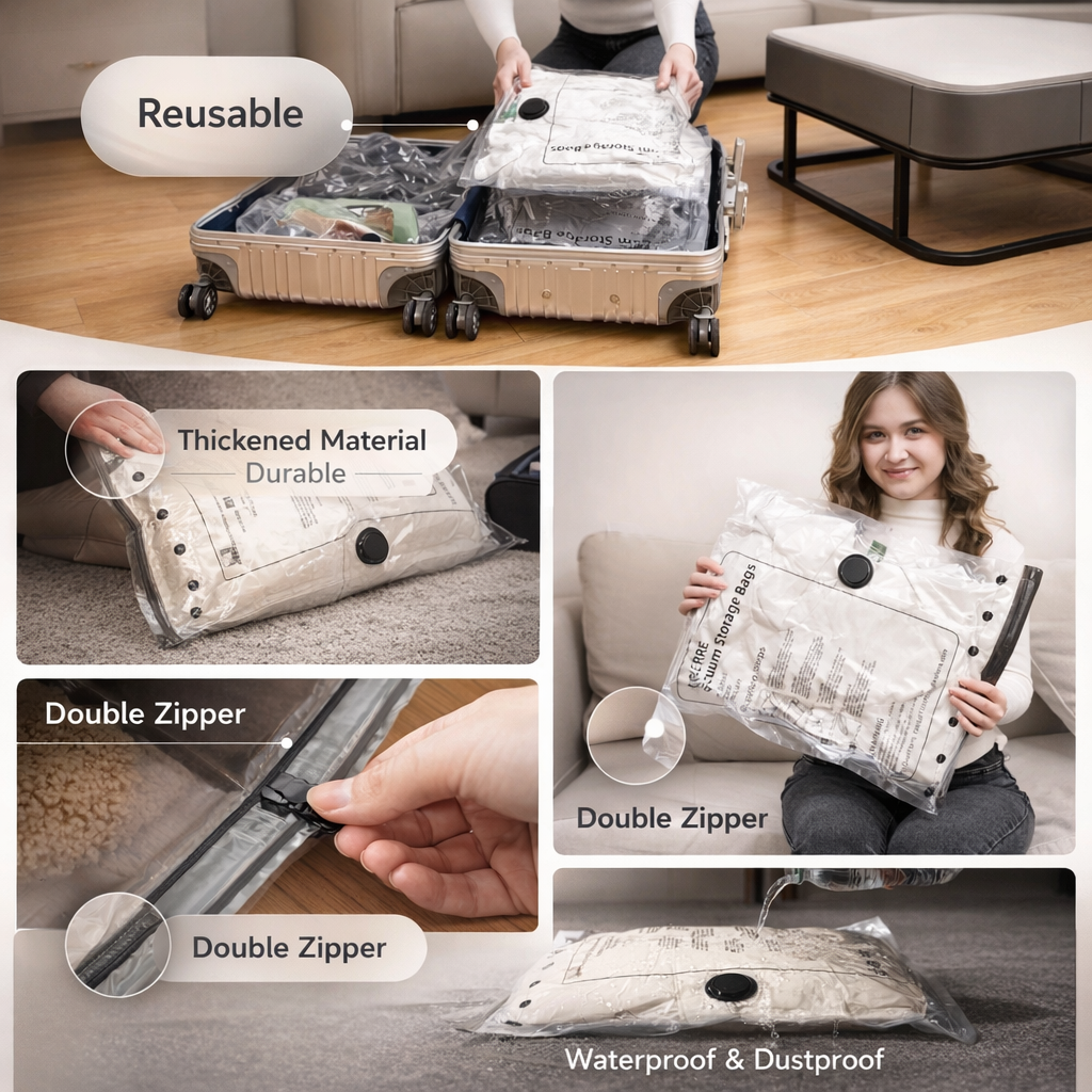 Space-Saving Vacuum Storage Bags | Travel Compression Seal Bags | Eco-Friendly Folding Design | Camping Essentials