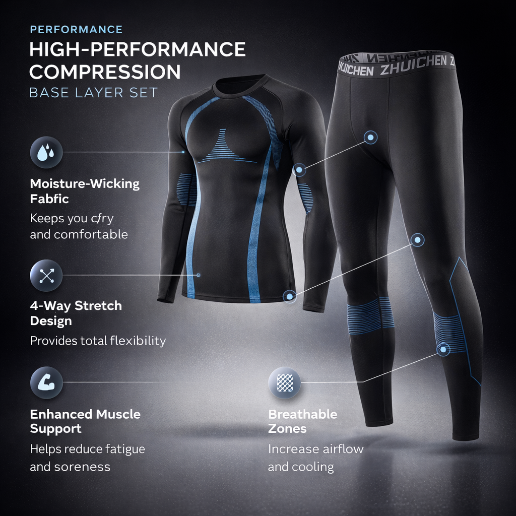 Men's Fleece-Lined Sports Set | Warm Running Gym Suit | Winter Training Apparel | Polyester Knit | Athletic Base Layer