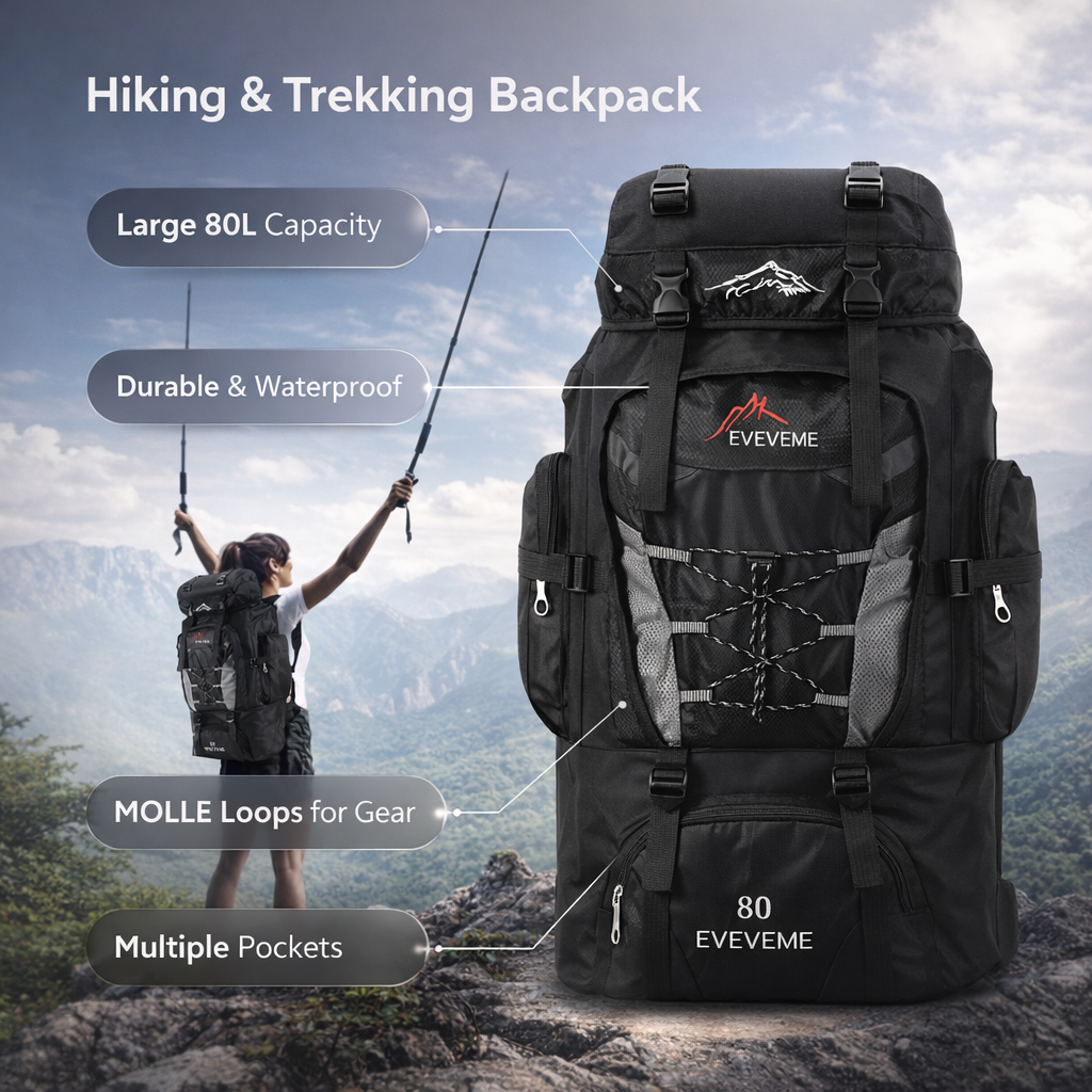 APWIKOGER 80L Hiking Backpack | Large Capacity Travel Pack | Adjustable Straps | Outdoor Sports Nylon Bag