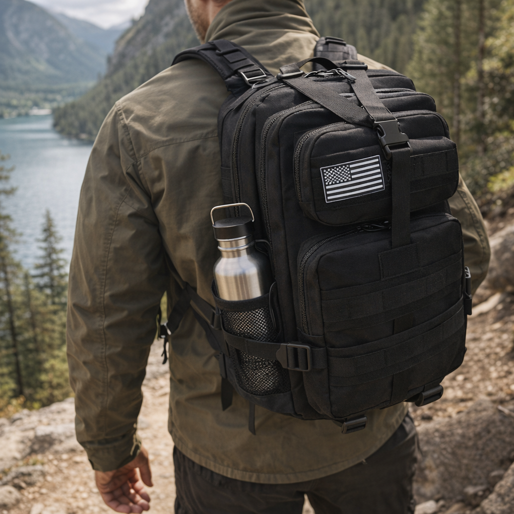 Men's Outdoor Nylon Backpack | 25L Hiking Camping Sports | Durable Hand Washable Bag | Black