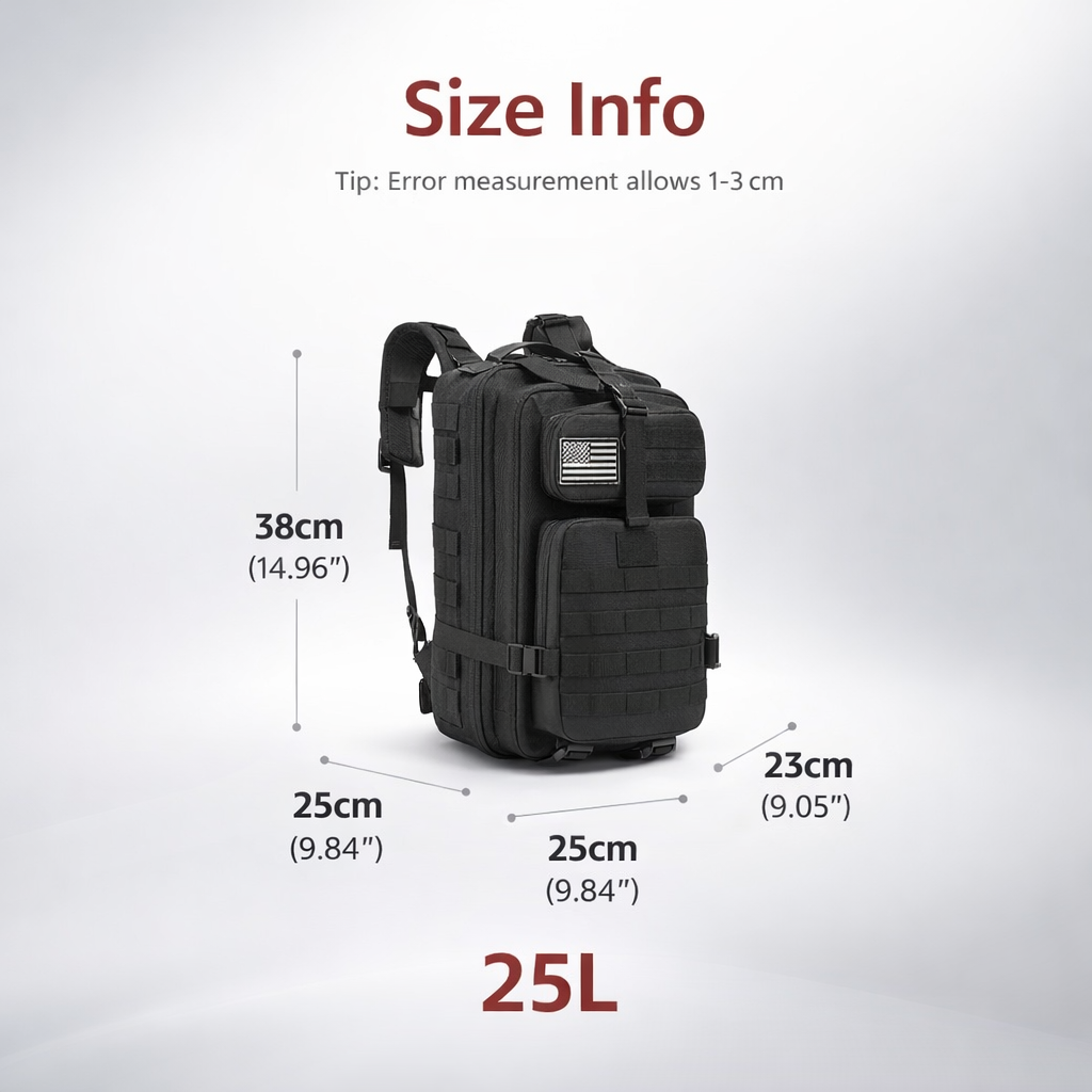 Men's Outdoor Nylon Backpack | 25L Hiking Camping Sports | Durable Hand Washable Bag | Black
