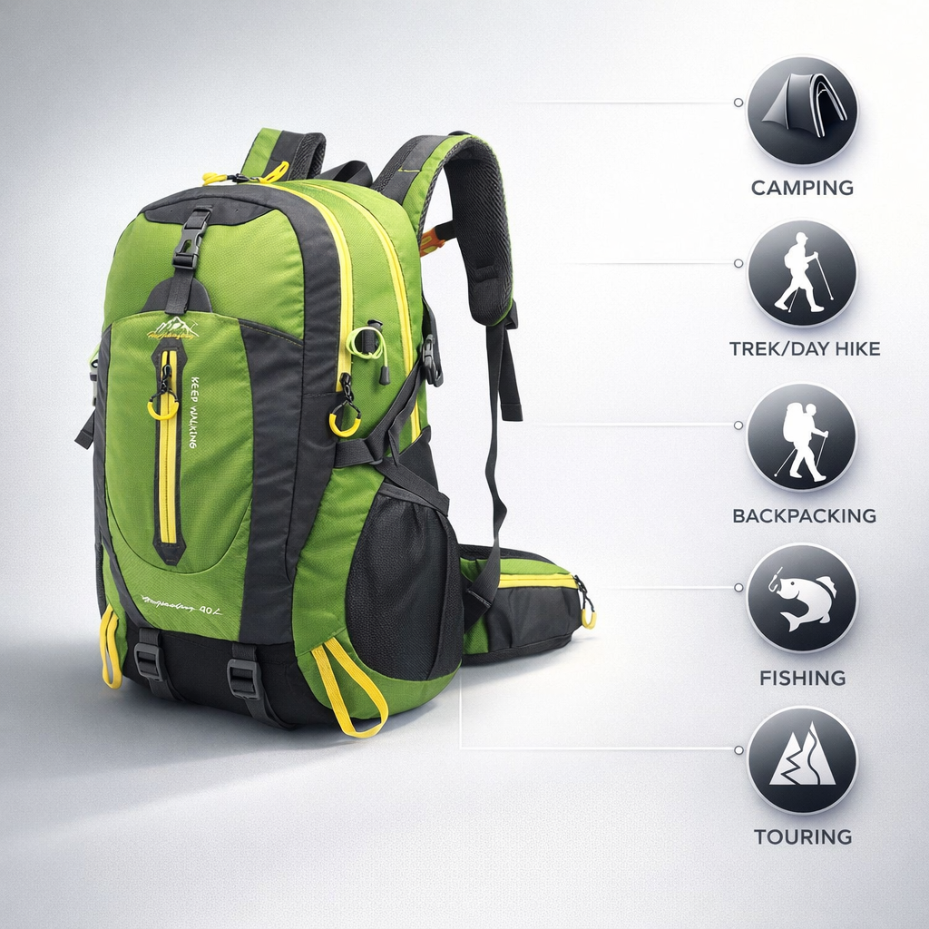Durable 40L Nylon Backpack | Laptop & Outdoor Gear | Camping Hiking Sports | Unisex | Black | Soft Shell
