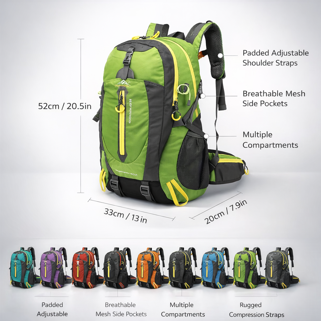 Durable 40L Nylon Backpack | Laptop & Outdoor Gear | Camping Hiking Sports | Unisex | Black | Soft Shell