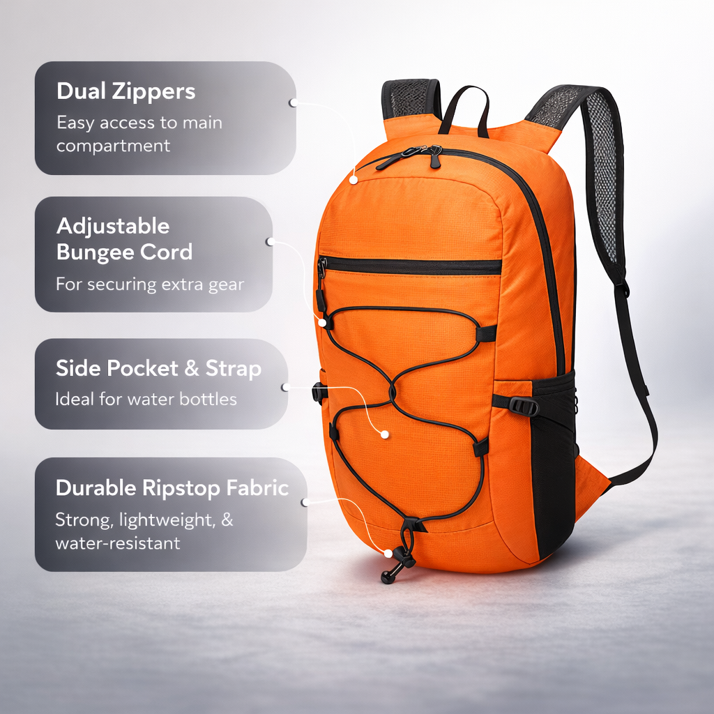 Ultra-Light Foldable Backpack | Compact Sports Travel Bag | Shock-Absorbing Straps | Quick Fold | Orange