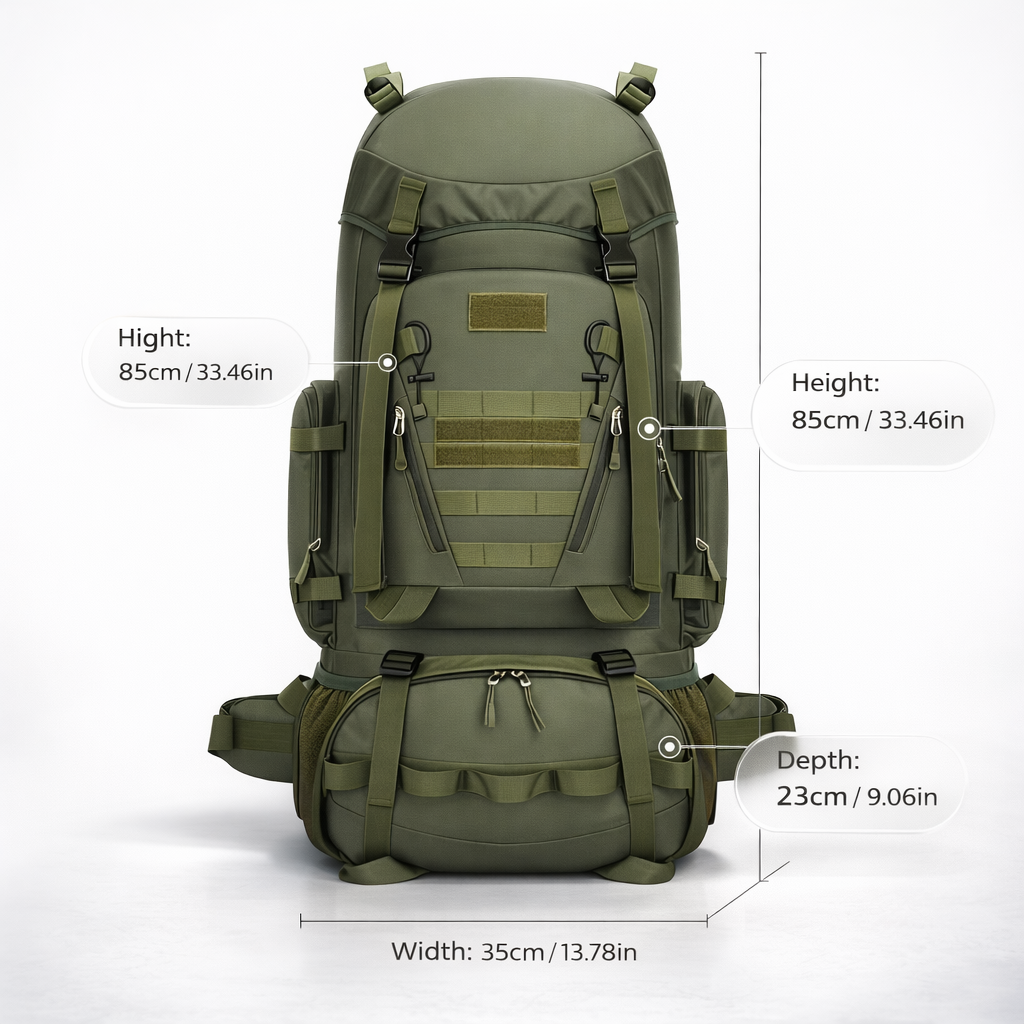 Large 100L Outdoor Backpack | Travel Hiking Camping | Adjustable Straps | Soft Shell | Utility Pockets | Universal Fit | Green