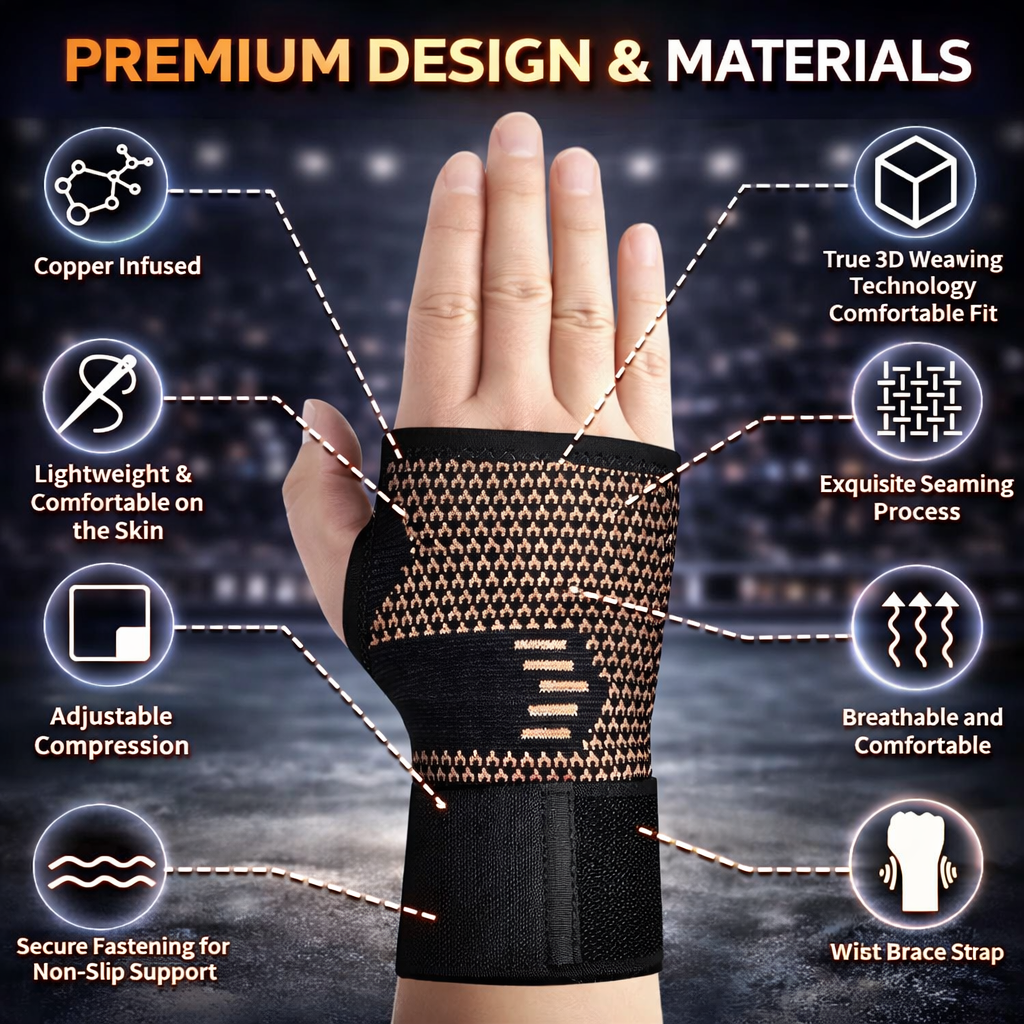 Copper Fiber Wrist Support Gloves | Adjustable Compression | Breathable Fit | Nylon for Adults | 2 Pack