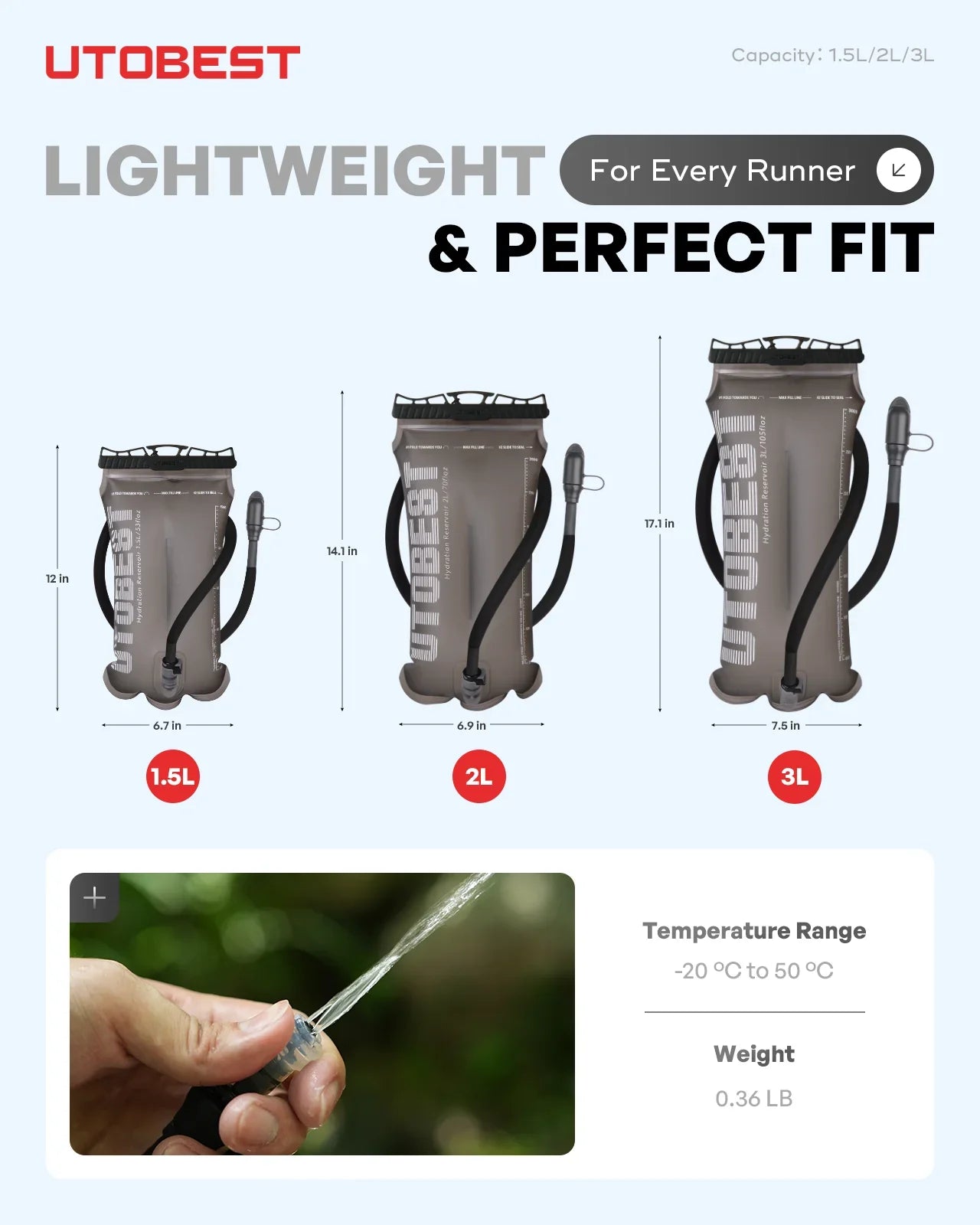 UTOBEST TPU Hydration Reservoir | 1.5L/2L/3L | Water Storage Bag for Camping Cycling Running Hiking | -20 to 50°C