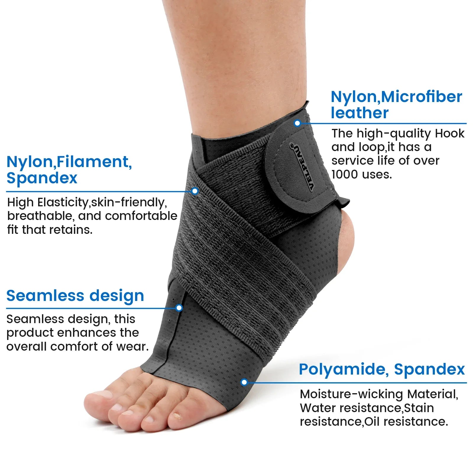 VELPEAU Adjustable Ankle Support Brace | Compression Sleeve for Sports | Plantar Fasciitis Relief | Nylon | Pain Relief