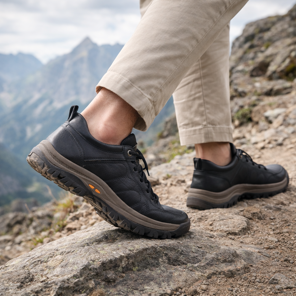Men's Casual Leather Walking Shoes | Outdoor Sneakers | Anti-Slip Rubber Sole | Waterproof | Breathable | Black & Brown