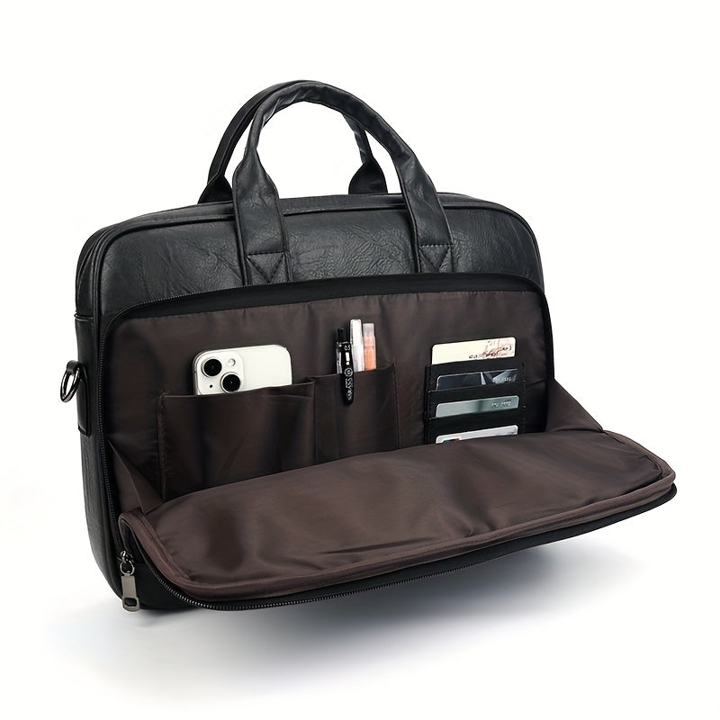 Men's Faux Leather Laptop Shoulder Bag | Large Capacity Briefcase for Work | Adjustable Strap | Black