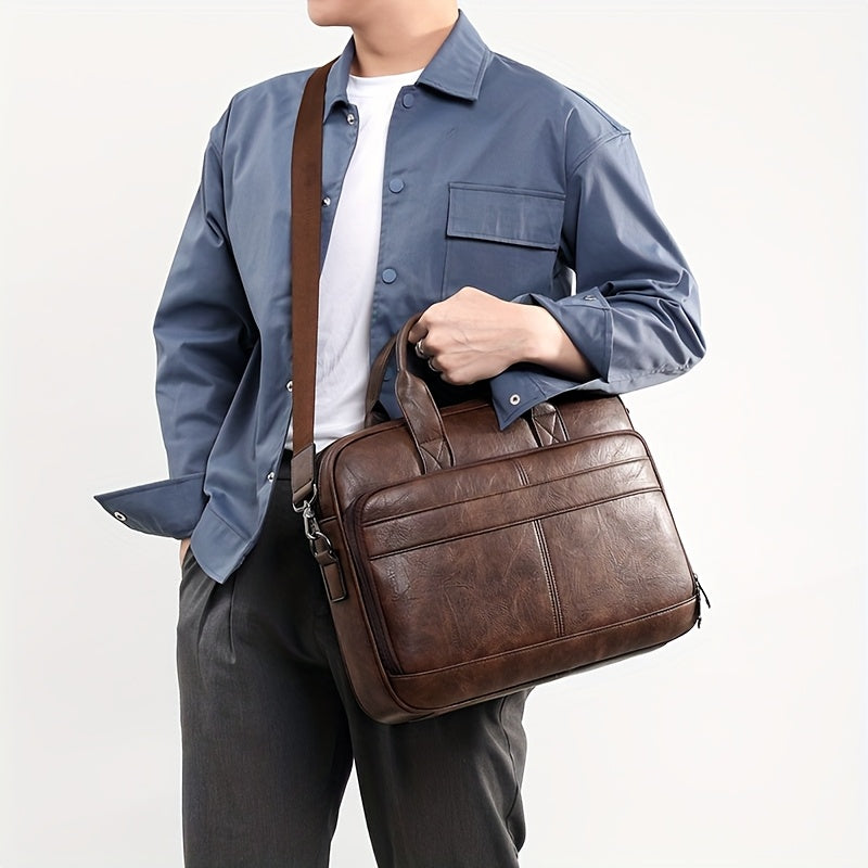 Men's Faux Leather Laptop Shoulder Bag | Large Capacity Briefcase for Work | Adjustable Strap | Black